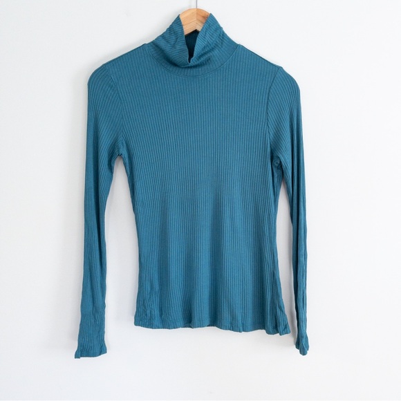 Rachel Zoe Blue Teal Ribbed Stretch Bodycon Turtleneck Medium - Picture 1 of 5